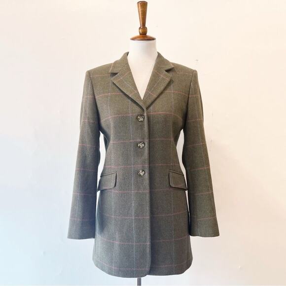 Marchbrae Cashmere Olive Green with Pink Blue Plaid Pinstripe Jacket Blazer Sz M - Picture 1 of 6